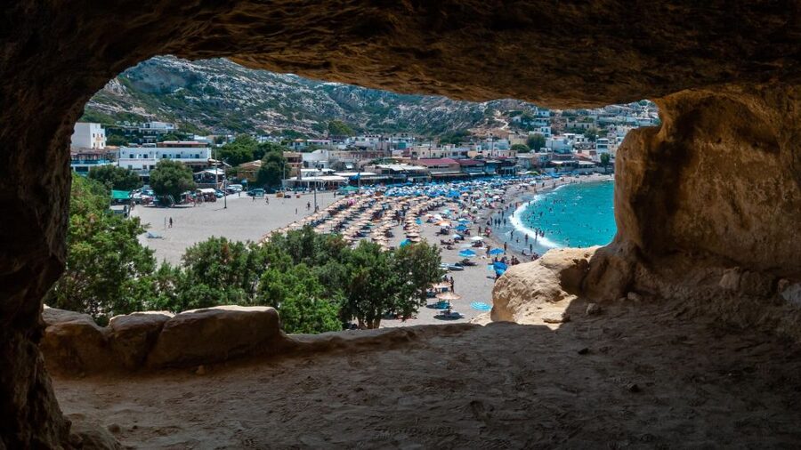 Crete: Matala Hippie Caves - Matala Hippie Beach: white sand, warm sun, and easy swimming