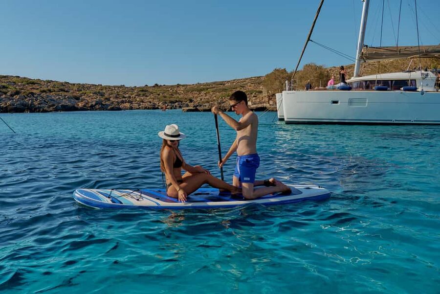 Heraklion: Dia Island Catamaran Cruise with Dinner and Wine - Dia Island bay: swimming, snorkel gear, SUP, and fishing gear