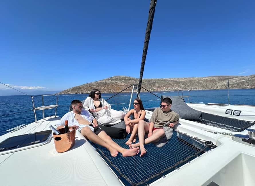 Heraklion Luxury Catamaran Dia Isla -Gourmet Lunch Top Rated - Onboard comfort: shower, WC, shade, and staying connected
