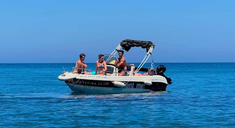 Hersonissos: Rent a Boat - No License Needed - Pickup in the Hersonissos area: timing, vans, and the first 10 minutes
